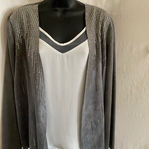 Vocal Grey lightweight jacket with silver cascading rhinestones, suede feel